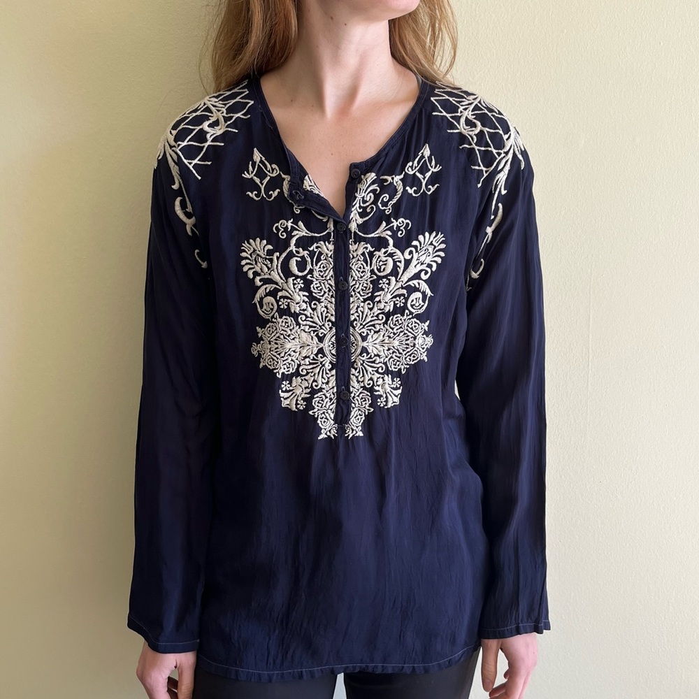 Johnny Was Navy Blue Embroidered Blouse